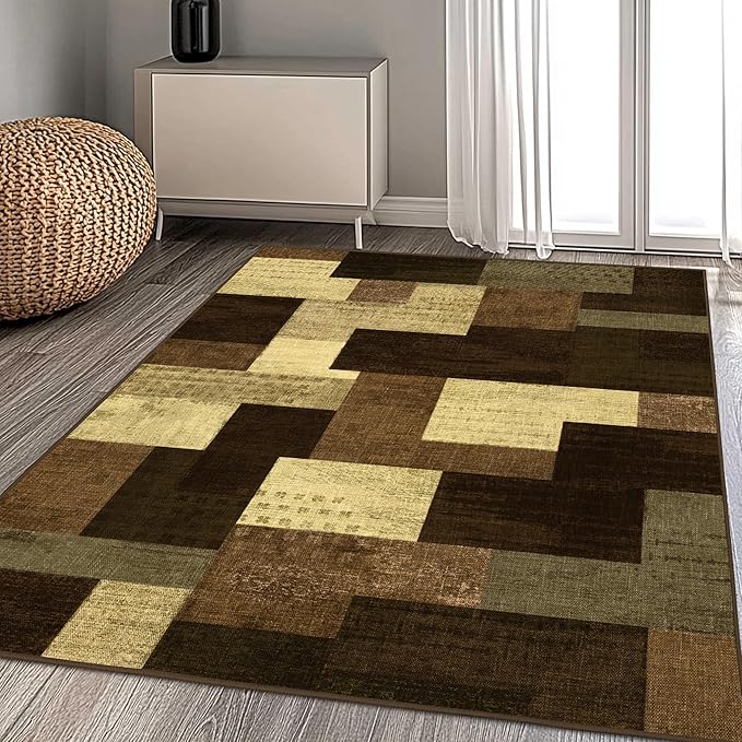 Modern Geometric Patchwork Indoor Area Rug for Living Room, Warm Taupe 5x7 Large Rug Rockwood Collection Hardwood Floors Decor for Bedroom, Taupe Throw Carpet for Office Entryway Dining Room