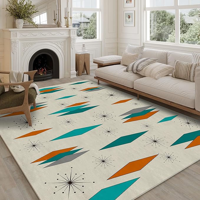 Mid Century Modern Rug for Living Room 8'x10', Non-Slip Machine Washable Carpet Atomic Retro Area Rug for Bedroom Dining Room Office Indoor Modern Home Decor