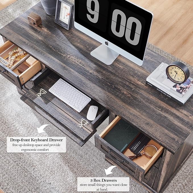 RedLemon 60" Farmhouse Executive Desk, Home Office Desk with Drawers, Charging Station, Keyboard Tray, File Drawer, Storage Cabinet, Wood Rustic Computer Writing Desk (Dark Rustic Oak)