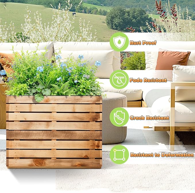 Metal Planter Box Rectangular Planter Box with Drainage Hole, Outdoor Large Planters, All-Weather Use, Rust-Resistance, for Flowers Plants, 29.9" L × 12" W × 24" H, Dark Walnut