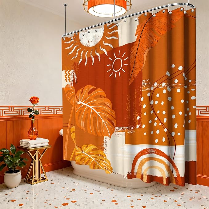 Extra Long Shower Curtain Extra Tall Burnt Orange XL Abstract Tropical Leaf Shower Curtains for Large Bathroom Decor Sets, Waterproof Cloth Fabric with Hooks, 108x72 Inch