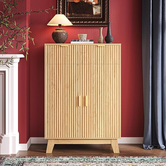 BOXACTION Fluted Shoe Cabinet, 4-Tier Mid Century Modern Narrow Shoe Storage Cabinet with Doors & 2 Drawers, Adjustable Shelves, Freestanding Hidden Shoe Rack Organizer & Wooden Legs for Entryway
