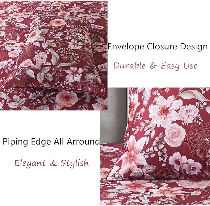 FADFAY Floral Sheets Set King Vintage Red Floral Bedding Shabby Pink Rose Elegant Peony Sheets Rustic Farmhouse Bedding 800 Thread Count 100% Egyptian Cotton Deep Pocket Fitted Sheet 4Pcs, King Size