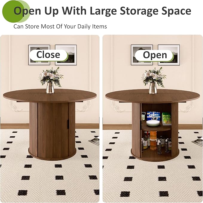 Wildhome Extendable Round Dining Table for 2-4-6, 59 Inch Dining Room Kitchen Table with 2-Tier Storage Shelf, Modern Farmhouse Fluted Wood Slide Door Dinner Furniture,Oval Circle,Walnut-59 Inch