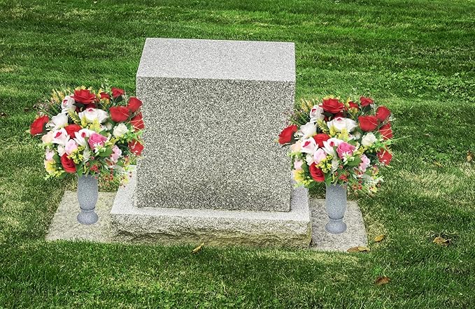 Grave Decorations for Cemetery Vase for Flowers with Stakes and Floral Foam, Draining Holes - for Garden, Grave,Cemetery,Lawn, Yard - Memorial Grave Decorations - Nature Granite Colour