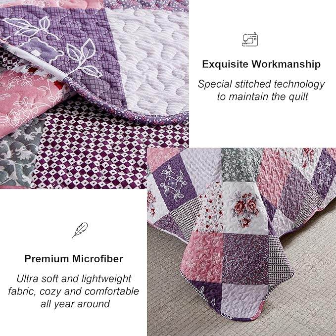 Dinjoy Purple Quilt Set Queen Size, Reversible Floral Plaid Patchwork Pattern Bedding Set Soft Microfiber Lightweight Bedspread Coverlet 3 Piece Spring Summer Use (90x90 inches)