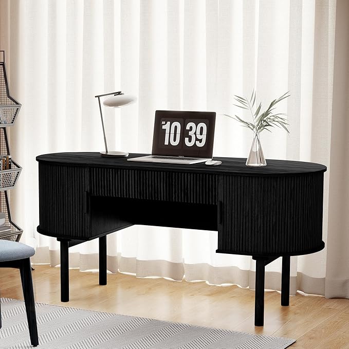 Executive Office Desk with Storage, 63 Inch Large Computer Workstation Desk with Drawer and File Cabinets, Mid Century Modern Fluted Wood Writing Desk for Home Office, Study Room, Living Room, Black