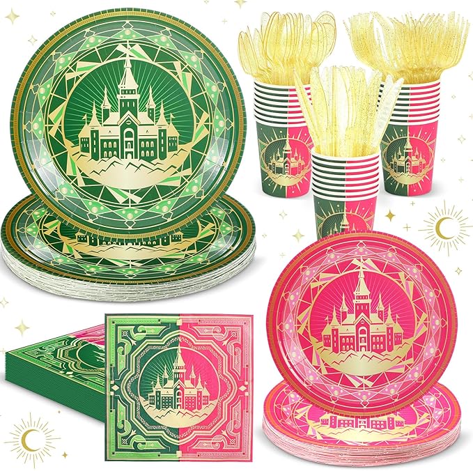 Roshtia 25 Set Witch Party Supplies Pink and Green Paper Plates Napkins Tablewares Disposable Witch Dinnerware for Girls Women Witchy Birthday Party Decorations Favors