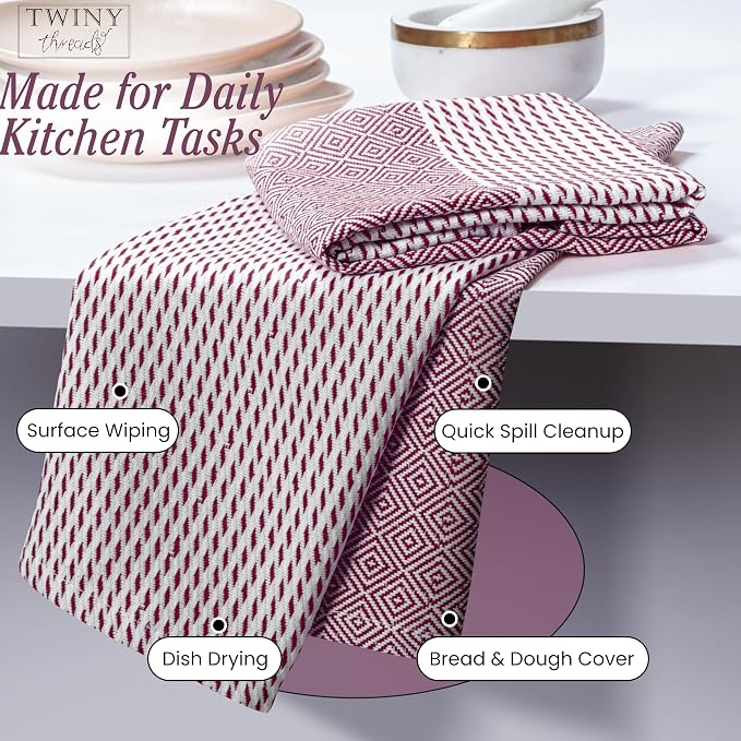 TWINY threads Kitchen Towel Diamond Pattern, Premium Kitchen Linen Set, 100% Cotton Wash Rags, Absorbent Quick Drying Cloths, Washable Reusable Multi Purpose, Set of 4, 18x26 Inches, Burgundy Wine