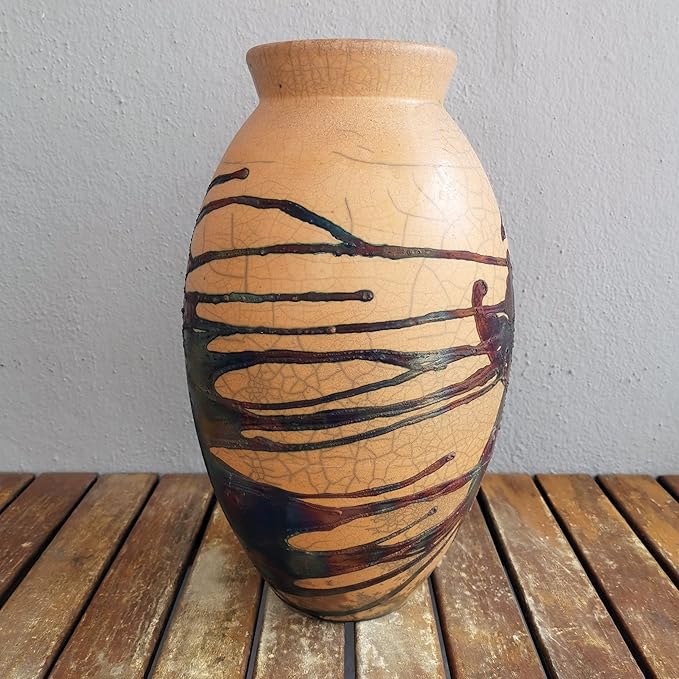 RAAQUU Large Oval Ceramic Half Copper Matte Vase S/N0000490 13.5" Raku Clay Pottery Handcrafted Art Home Décor Table Centerpiece Unique Gift for Her, Mom