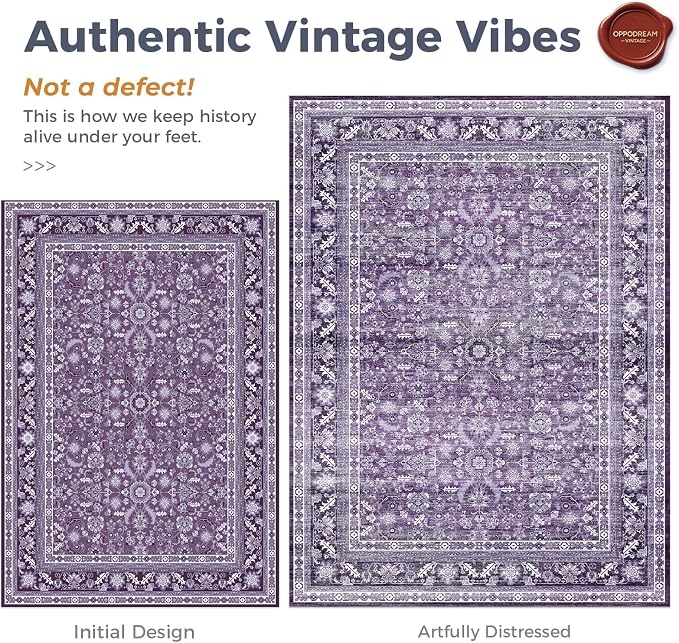 OPPODREAM Vintage Purple Round Rug 3ft, 3 ft Retro Washable Circle Rug Non Slip, Low-Pile Faux Wool Circular Carpet, Distressed Floor Mat for Living Room, Bedroom, Office, Dorm, Dinning Room