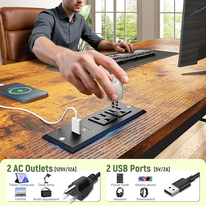 39.3Inch Office Desk with Power Outlet & Drawer, Gaming Desk with CPU Stand& LED Lights,Computer Desk with Ergonomic Monitor Stand for Small Space,Rustic Brown