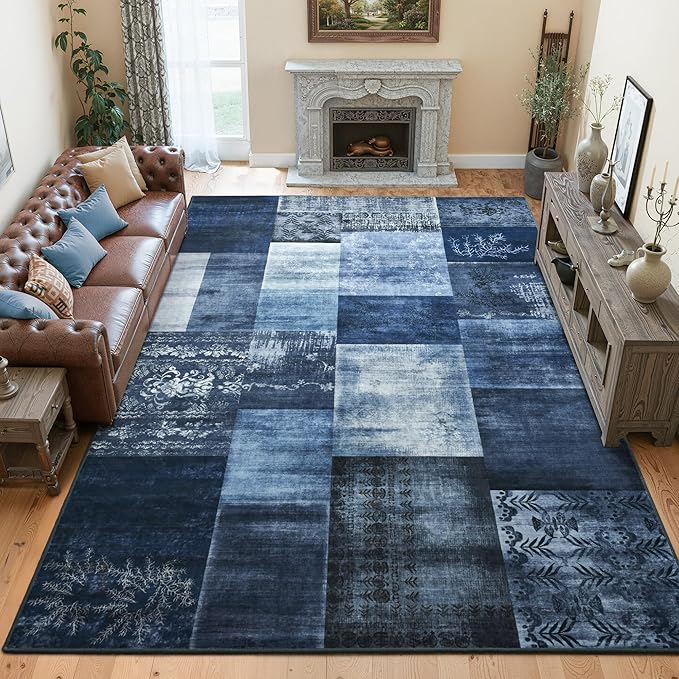 Tepook 4x6 Blue Area Rugs for Living Room, Modern Large Geometric Rug for Bedroom, Washable Patchwork Rug Indoor Non Slip Throw Carpets for Dining Room Office Farmhouse Home Decor