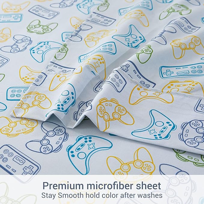 Viviland 4 Pieces Boys Grey Full Sheet Set - Soft Microfiber Fitted Flat Sheets & Pillowcase - Game Player Paddle Printed Bedding Sets - for Kids & Toddlers