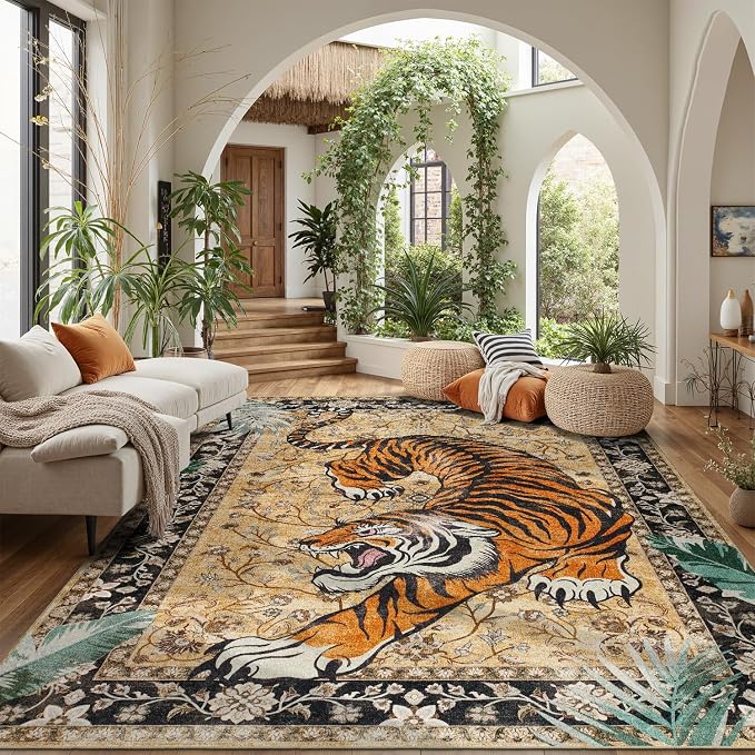 DCX Washable 9x12 Tiger Area Rug, Brown Vintage Animal Rug for Living Room, Soft Low Pile Carpet, Kid & Pet Friendly with Rubber Back Non Slip, Stain Resistant Rug for Bedroom Dining Room Office