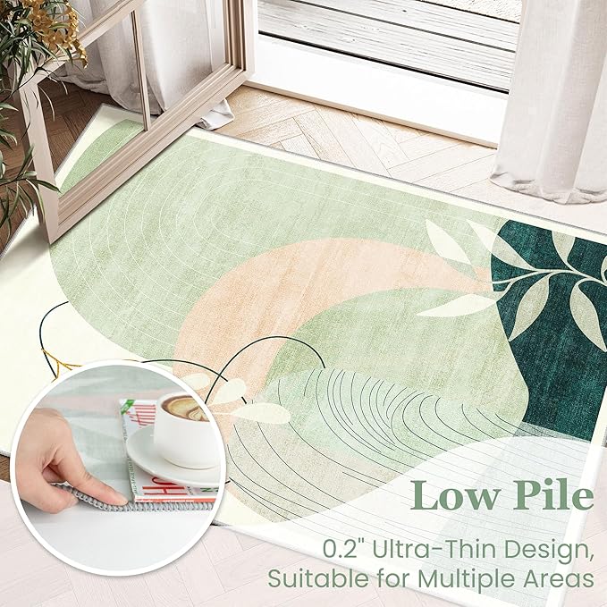 MUJOO 3x5 Washable Rugs,Boho Large Area Rug for Entryway Kitchen Entry Bedroom Bedside Foyer,Small Throw Carpet Indoor Non Slip Mid Century Modern Abstract Botanical Geometric Accent Green