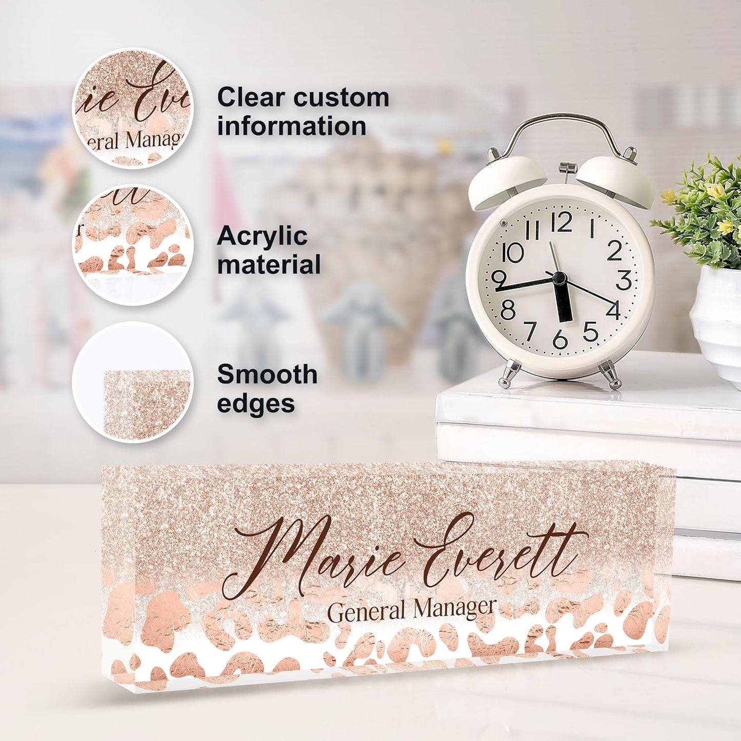 Skiennix Custom Name Plate - Personalized Desk Name Plate | Elegant A-Rose Gold Leopard Print Design