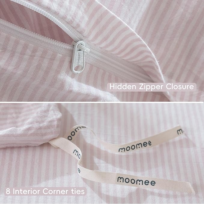 MooMee Striped Duvet Cover Set 100% Washed Cotton Linen Like Textured Breathable Durable Soft Comfy (Heathered Greyish Pink Pinstripes, Palatial King/Oversized King 120"x98")