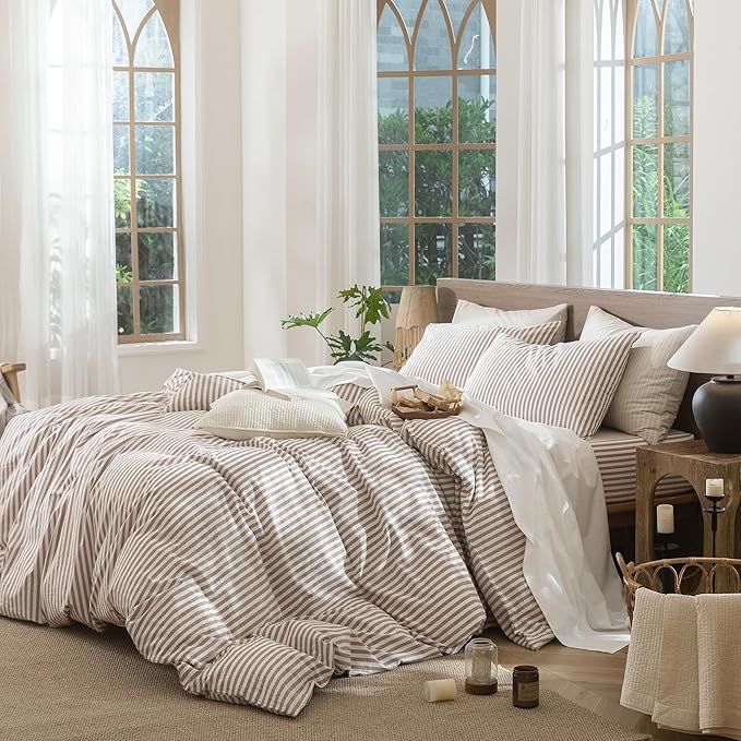 MooMee Striped Duvet Cover Set 100% Washed Cotton Linen Like Textured Breathable Durable Soft Comfy (Orange Classic Stripes, Oversized Queen 98"x98")