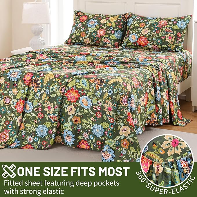 Bedlifes Queen Size Extra Deep Pocket Sheet Sets - Fits Mattresses Up to 18-24" Thick, 4-Piece Microfiber Set with 1800 Thread Count, Soft, Smooth, Breathable, Featuring Floral Dark Green