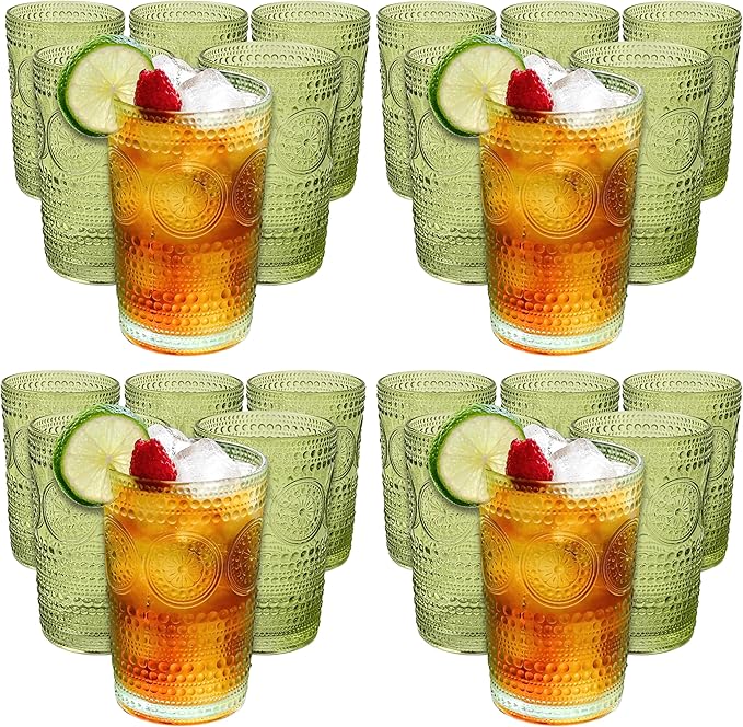 Kate Aspen Hobnail Beaded Floral Green Drinking Glasses Set of 6, (13 oz) Vintage Glassware & Cocktail Glass Set, Juice Glass, Water Cups | Great Hostess Gift & Gift for New Home Owners (Pack of 4)