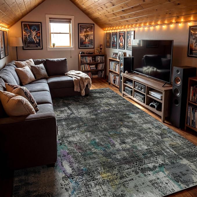 Kokia Abstract Area Rugs 9x12 Bedroom Washable Decor Low Pile Non-Slip Non-Shedding Indoor Black-Gray Carpet Foldable Stain Resistant Floor Mat Living Room Dining Room