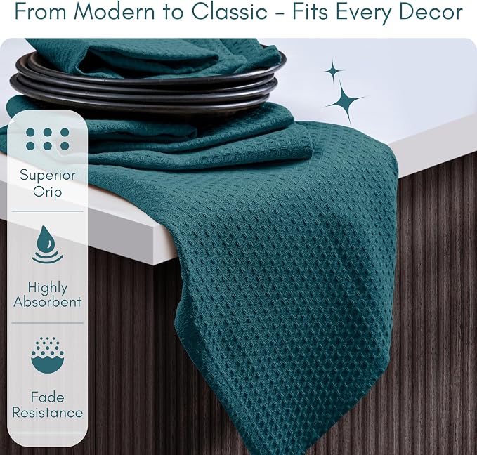 TWINY threads Kitchen Towels Set of 12, 16x26 Inches, 100% Cotton Waffle Weave Dish Towels, Soft and Absorbent Tea Towels with Hanging Loop, Washable Reusable Cloths for Cleaning, Teal Green