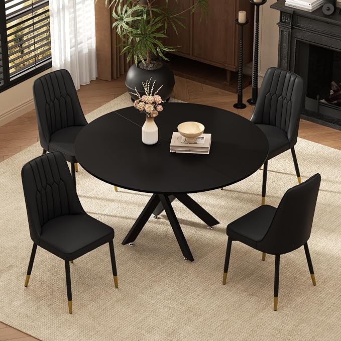 RGZ Mid Century Black Round Dining Table Set for 4, 47" Large Wooden Circle Kitchen Table & 4 Black PU Leather Kitchen Chairs, Dinner Table Set for Home, Apartment, Dining Room