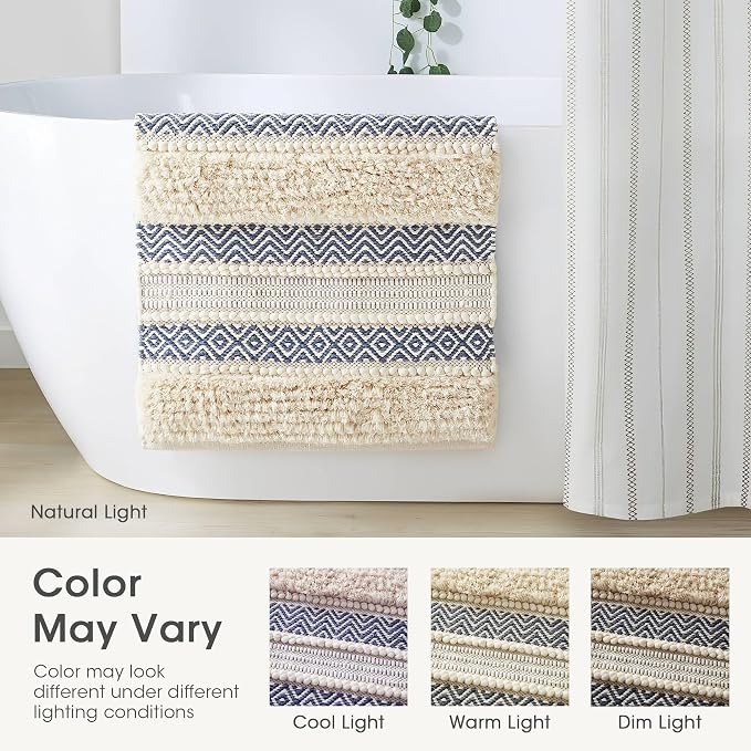 Ink+Ivy Bath Rug Hand-Woven Texture Shaggy Striped Soft & Water Absorbent, Boho Bathroom Décor Bath-Mats, Non-Slip Absorbent Quick Dry Mats for Tub, Shower Room, Asher, 22x58, Navy 1 Piece