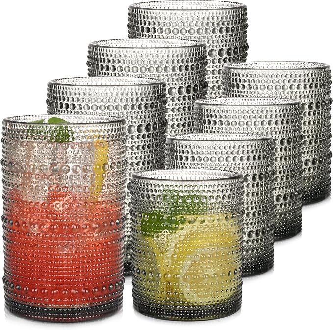 Gray Hobnail Drinking Glasses Set of 8，15 oz Vintage Highball Glassess & 12 oz Cocktail Glasses，Drinkware Kitchen Glasses for Cocktail, Iced Coffee, Beer, Ice Tea, Wine, Whiskey, Water