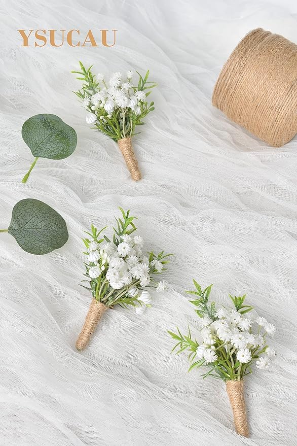 Baby Breath Boutonnieres for Men Wedding,Set of 10, Natural White Groom and Groomsmen Boutonniere with Pin for Rustic Fall Vintage Wedding, Prom and Homecoming