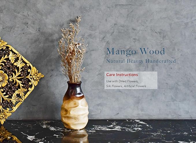 Handmade Ombre Mango Wood Vase – 8-Inch Brown Bottle-Shaped Decorative Accent – Rustic Artisan Flower Vase for Dried or Artificial Flowers – Sustainable Boho Tabletop Decor