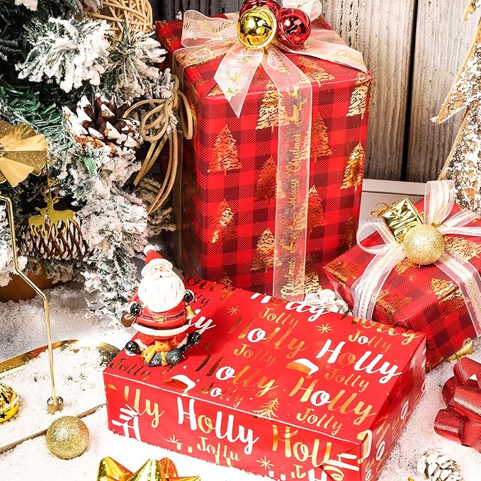LeZakaa Red Gold Christmas Wrapping Paper Mini Roll, Christmas Tree Buffalo Plaid, Holly Jolly, Wreath Metallic Foil Holiday Gift Wrap, Arts Craft, for Xmas Winter Party, 17 x 120 inches, 3 Rolls
