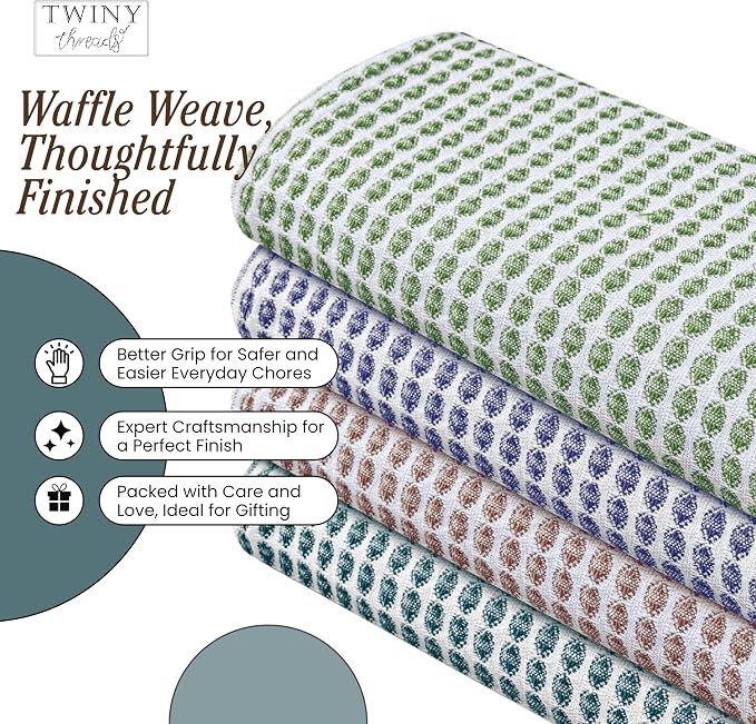 TWINY threads Circle Waffle Dish Cloths 4 Pack, 16x26 Inch, 100% Cotton, Thick, Heavy Duty, Ultra Absorbent, Commercial Grade Wash Rags, Perfect for Drying Dishes, General Cleaning, Multi Colors