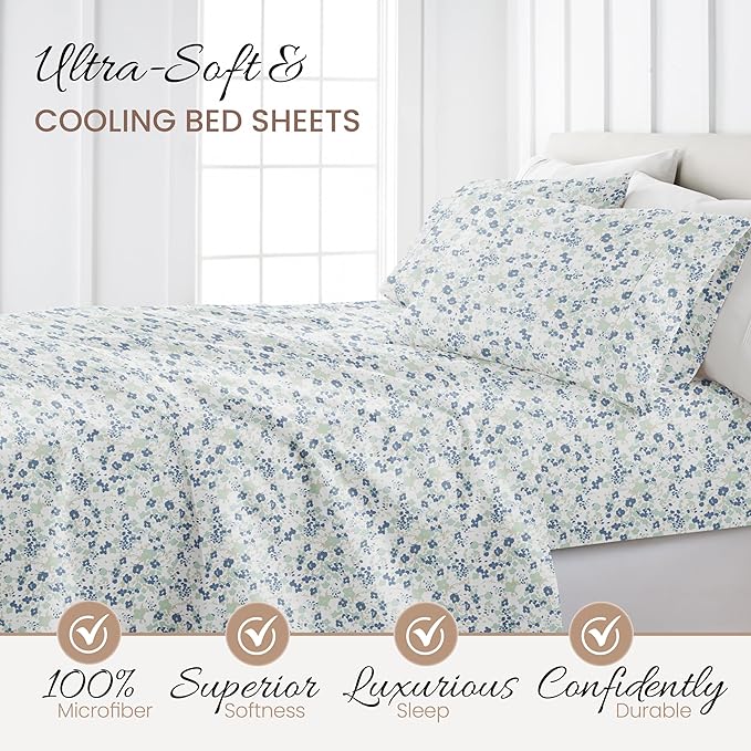 Linen Market Double-Brushed Patterned Microfiber Full Sheet Set 4 Piece – Oeko-TEX Certified Ultra Soft & Wrinkle-Free - 16" Deep Pocket Sheets - Easy Care Full Size - Violets Light Blue