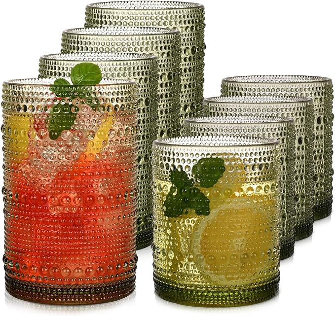 Green Hobnail Drinking Glasses Set of 8，15 oz Vintage Highball Glassess & 12 oz Cocktail Glasses，Drinkware Kitchen Glasses for Cocktail, Iced Coffee, Beer, Ice Tea, Wine, Whiskey, Water