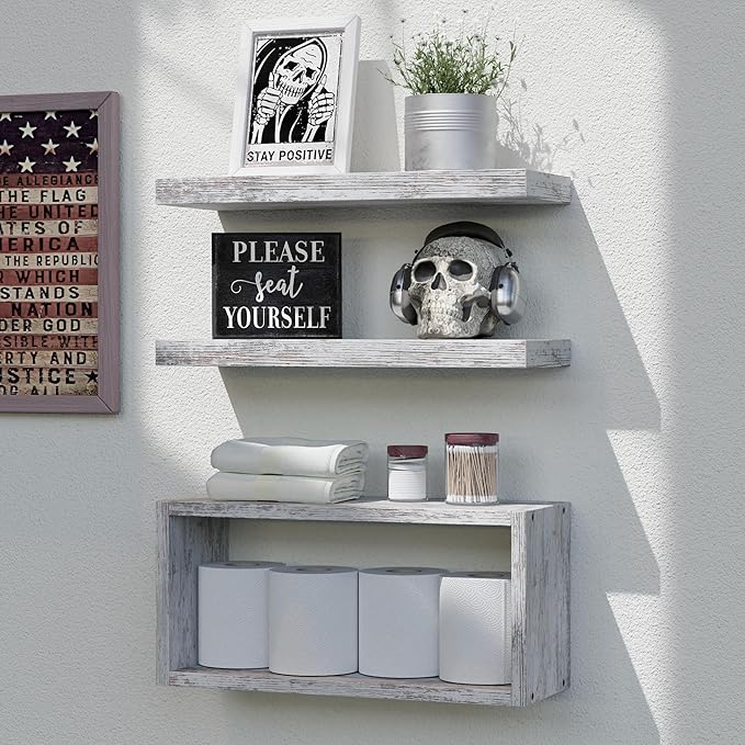 RICHER HOUSE Floating Shelves Set of 3, Farmhouse Bathroom Wall Mounted Shelves with Invisible Brackets Over Toilet, Wall Shelves for Bathroom Bedroom, Living Room, Kitchen - Rustic White