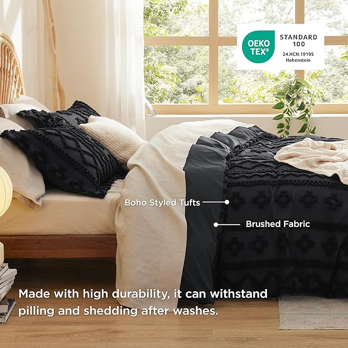 Bedsure Boho Duvet Cover Queen Size, Soft & Comfortable Elegant Design Boho Bedding for Decoration, Machine Washable Comforter Cover for All Seasons,Includes 1 Duvet Cover & 2 Pillow Shams,Black