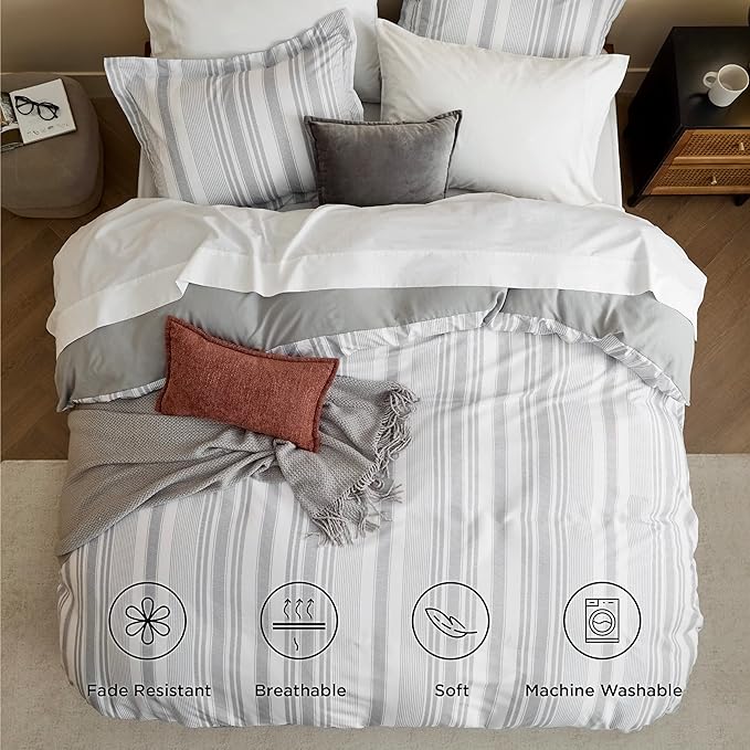 Bedsure Twin/Twin XL Duvet Cover Kids - Striped Reversible Duvet Cover Set with Zipper Closure, 2 Pieces Grey Bedding Set with 8 Corner Ties and 1 Pillow Sham 20"x26"