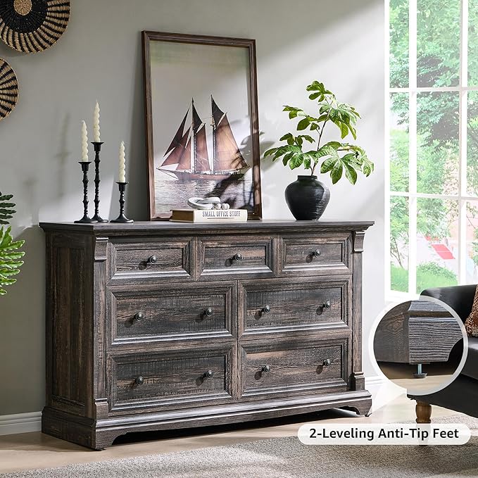 T4TREAM Farmhouse 7 Drawers Dresser for Bedroom, 54" Wide Wood Rustic Chest of Drawers w/Roman Column, Wooden Storage Dressers Organizer for Bedroom, Living Room, Closet, Dark Rustic Oak