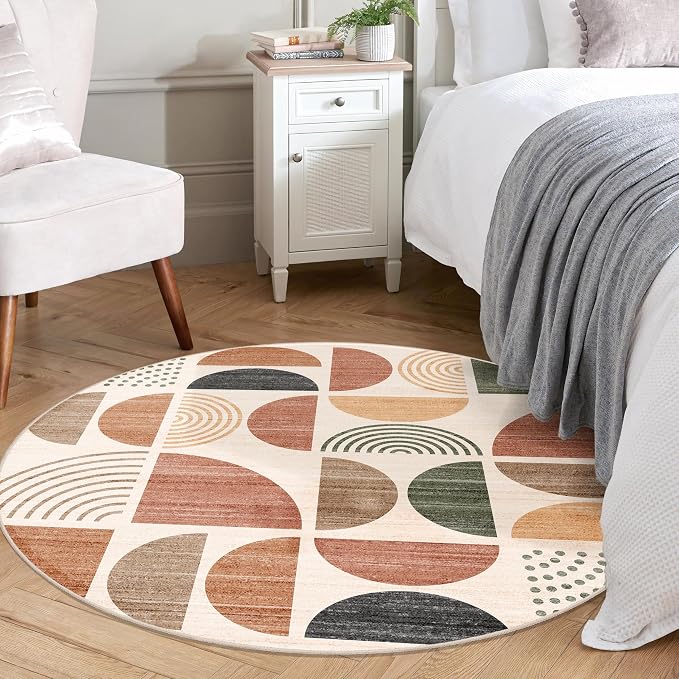 MUJOO Round Rug 4ft,Small Circle Area Rug Washable,Circular Rugs for Entryway Bedroom Kitchen,Boho Non Slip Throw Floor Carpet Modern Abstract Bohemian Terracotta