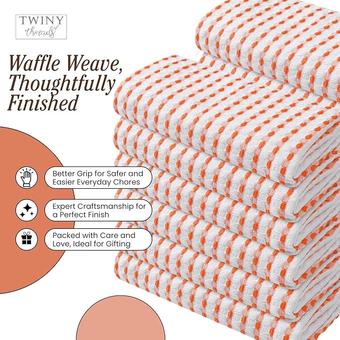 TWINY threads Waffle Dish Towels 4 Pack, 100% Cotton 16x26 Kitchen Hand Towel Pack, Highly Absorbent & Quick Dry Dishcloth Set for Drying Dishes, Cleaning Counters & Everyday Use, Orange, White