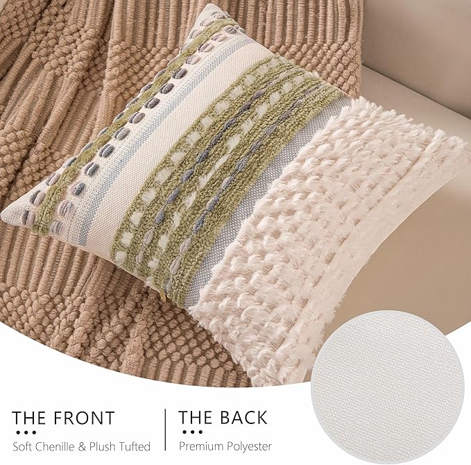 KOOLIFE Boho Chenille Tufted Couch Throw Pillow Covers 18x18 Inch Set of 2 Farmhouse Striped Decorative Pillow Covers Accent Neutral Pillowcase Brown Cushion Cover for Living Room Sofa Bed