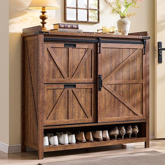 OKD Shoe Storage Cabinet with 2 Flip Drawers & Sliding Door, Farmhouse Entryway Shoe Organizer, Freestanding Rustic Hidden Shoe Rack Cabinet for Entryway, Reclaimed Barnwood