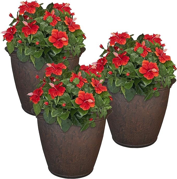 Sunnydaze 24-Inch Anjelica Large Plastic Pot for Plants - Double-Walled Outdoor Polyresin Round Planter Porch Pot with Drillable Drainage Holes - Rust - 3pk