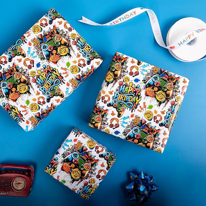 Altarho Reversible Birthday Gaming Wrapping Paper Roll - 17 Inch x 33 Feet - Video Game Birthday Gift Wrap for Game Lover Party