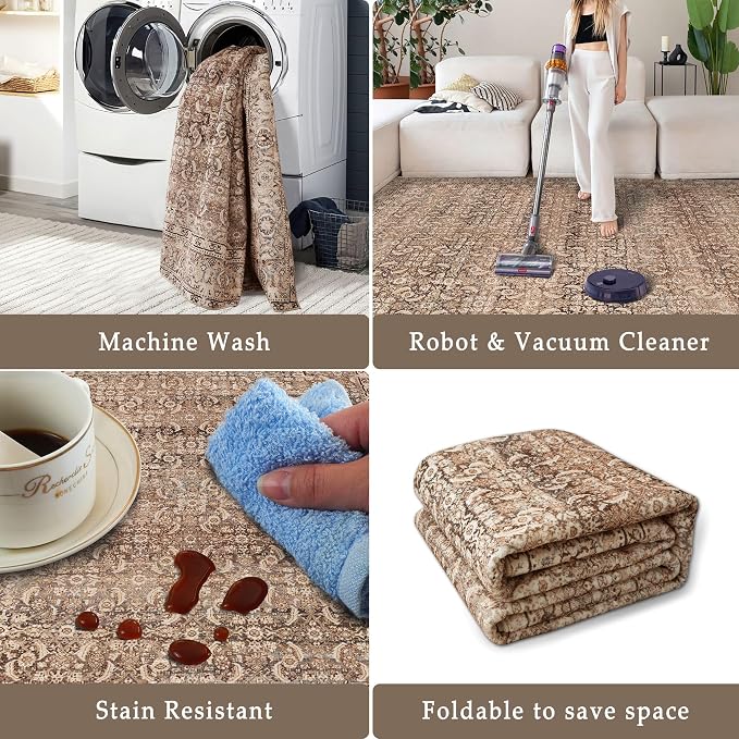 vivorug 5x7 Neutral Area Rugs - Ultra-Thin Washable Rug with Non-Slip Backing, Ideal for Living Room, Bedroom, Kitchen Floor Carpet - Vintage, Easy Clean, Durable, Sand/Antique