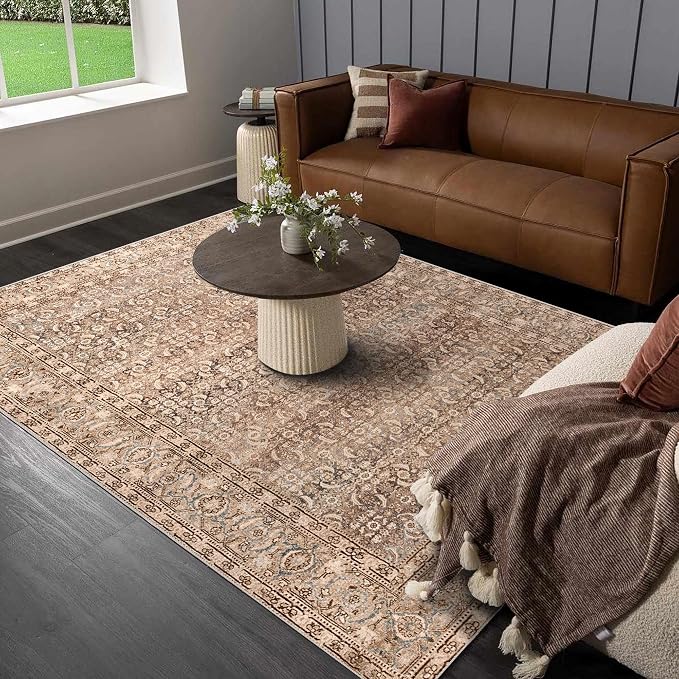 vivorug 5x7 Neutral Area Rugs - Ultra-Thin Washable Rug with Non-Slip Backing, Ideal for Living Room, Bedroom, Kitchen Floor Carpet - Vintage, Easy Clean, Durable, Sand/Antique
