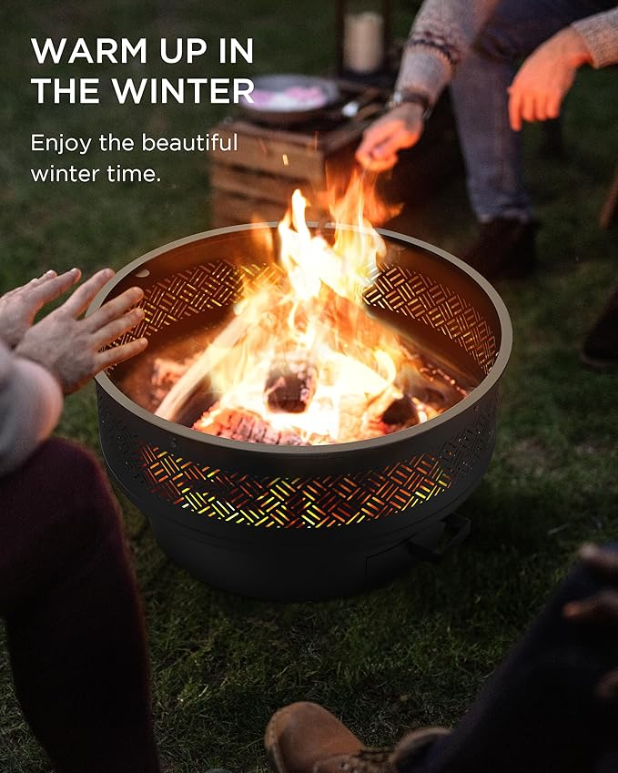 32" Fire Pits with Cooking Grill, Outdoor Fire Pit with Lid & Fire Poker, Fire Pit Table for Outside Wood Burning Firepit Round Heavy Duty Firepit for BBQ, Table, Picnic, Camping, Bonfire Party