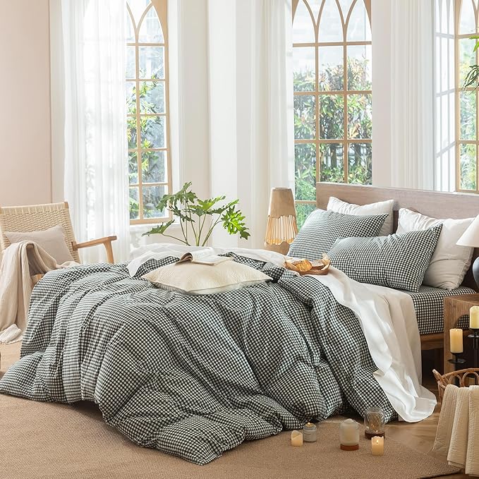 MooMee Gingham Duvet Cover Set 100% Washed Cotton Linen Like Textured Breathable Durable Soft Comfy Modern Checkered Design (Mini Gingham Forest Green, Full 80"x90")